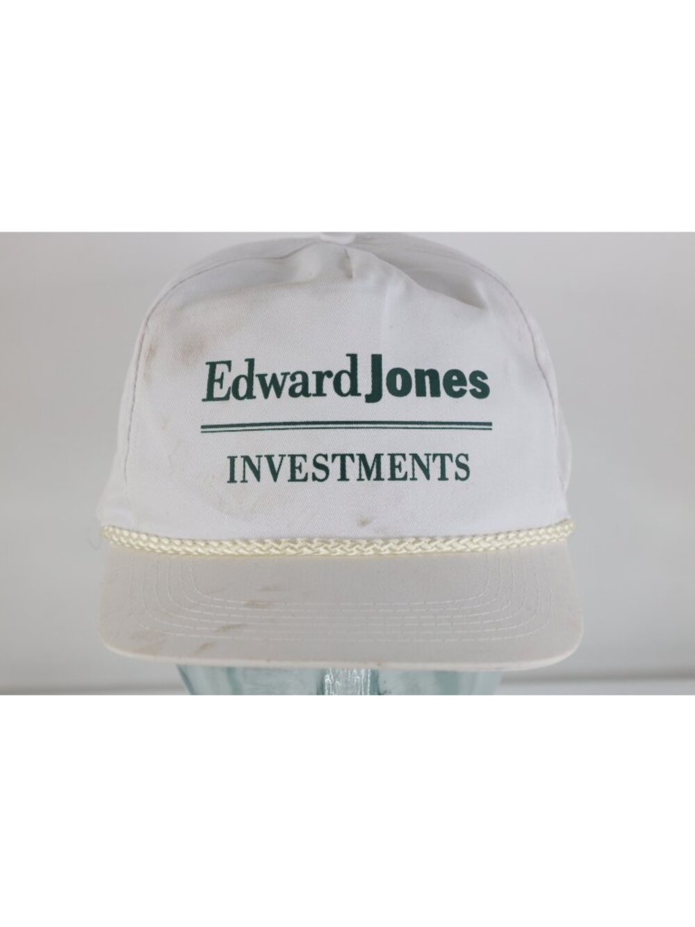 Vtg 90s Distressed Spell Out Edward Jones Investments Roped Snapback Hat White